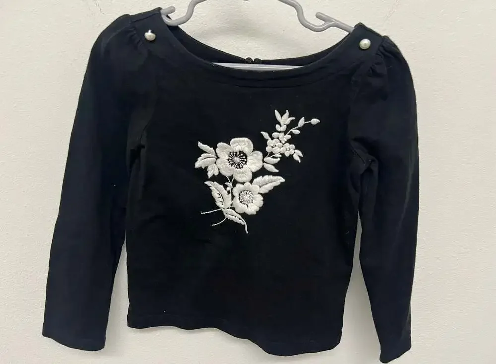 Janie and Jack Black Long Sleeve Top with White Floral Embroidery Girls Size 4